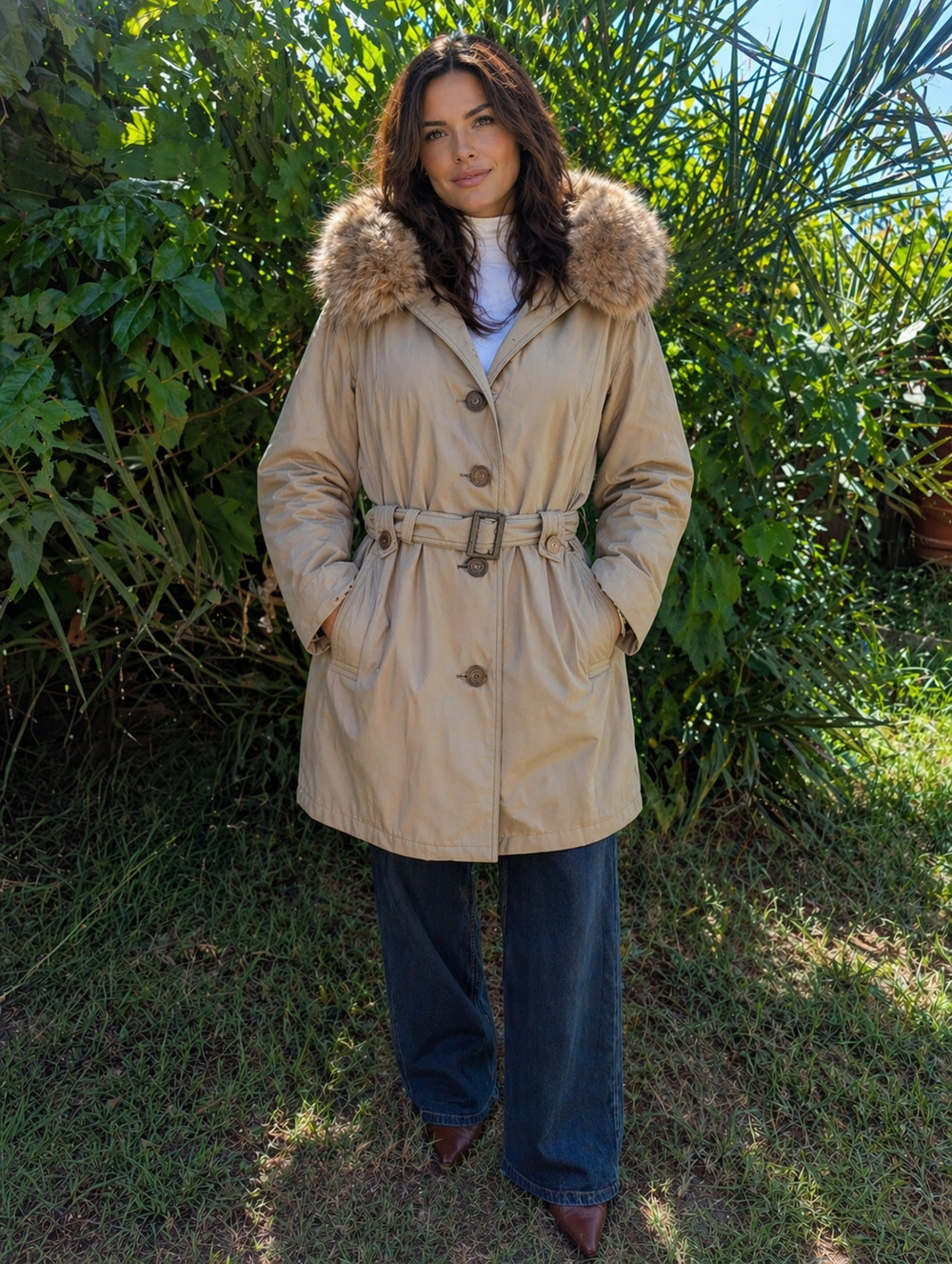 VTG Eddie Bauer Goose Down Coat Fox Fur Hood Belted Tan Women L Made USA